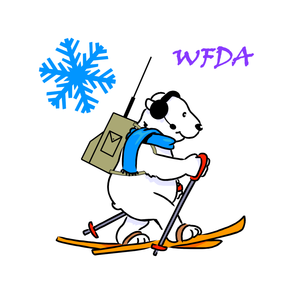 Winter Field Day Logo, polar bar on skis with backpack antenna